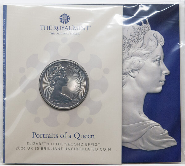 UK £5 Münze 2026 „The Second Effigy“ in Brilliant Uncirculated – Porträt von Königin Elizabeth II. nach dem neuen First Effigy Design, geriffelter Rand, Wertangabe £5, Cupro-Nickel Legierung