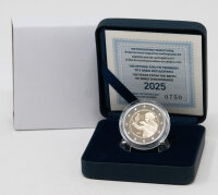„Griechenland 2-Euro-Gedenkmünze 2025 in PP mit Box und Coa: Porträt von Mikis Theodorakis auf der nationalen Seite, Umschrift zum 100. Geburtstag, äußere 12 EU-Sterne; bimetallische 2-Euro-Münze.“