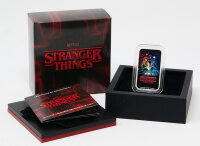 Farbiges Charakter-Szenenmotiv der 1. Stranger-Things-Staffel vor Mystery-Hintergrund
mit Sternenhimmel, Serie-Logo „STRANGER THINGS“ in Rot im unteren Motivfeld,
rechteckige 1-oz-Feinsilberprägung mit farbveredeltem Proof-Look.