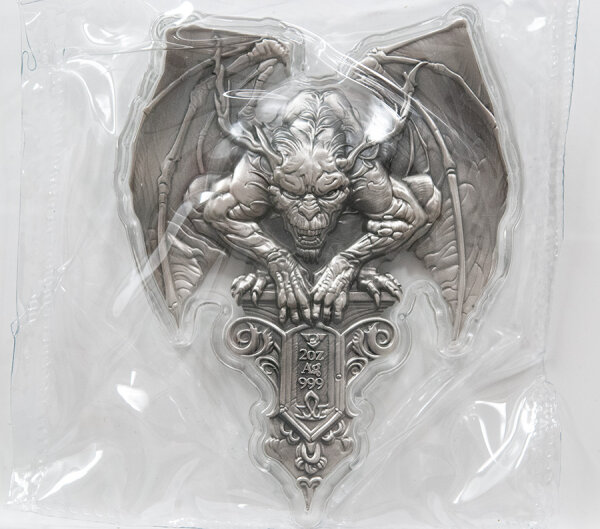 Gargoyle 2025 Silber Stacker Medaille 2 oz .999 Feinsilber im High-Relief-Design, stapelbare Stacker-Form,  massives 3D-Relief, glatter Rand, einzeln gekapselt