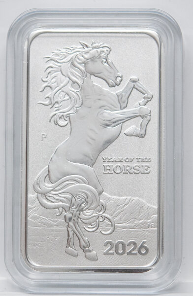 Perth Mint Lunar Horse 2026 1 oz Silber Rectangular Coin, Silber 999,9, offizieller 1 AUD Nennwert, Lunar Horse Motiv, Rechteck-Form, Bullion.