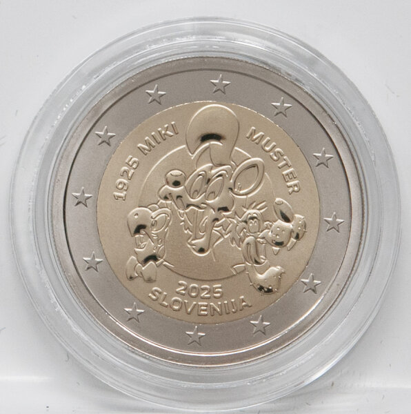 „Slowenien 2 Euro 2025 Miki Muster Proof (PP) in Polierter Platte, bimetall, ikonisches Comic-Motiv, limitierte Edition der Banka Slovenije aus dem Eurosystem.“