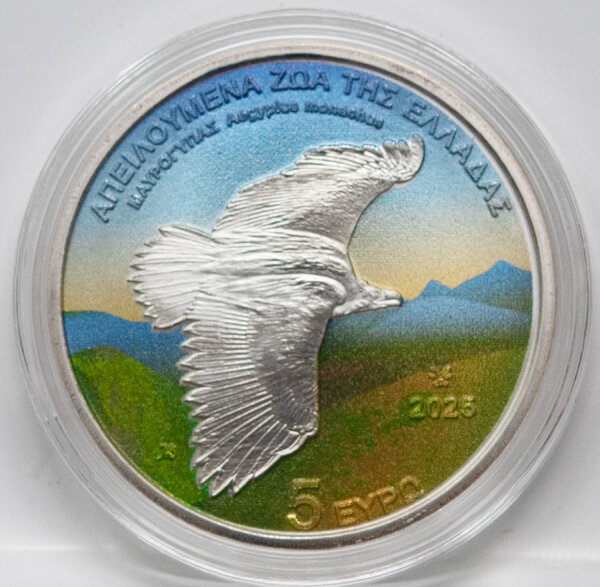 Griechenland 5 Euro 2025 Silbermünze in BU-Qualität, Motiv Mönchsgeier im Gleitflug, 333/1000 Feinsilber, 17 g Silber, Avers Emblem der Hellenischen Republik, glatter Münzrand, gekapselt.