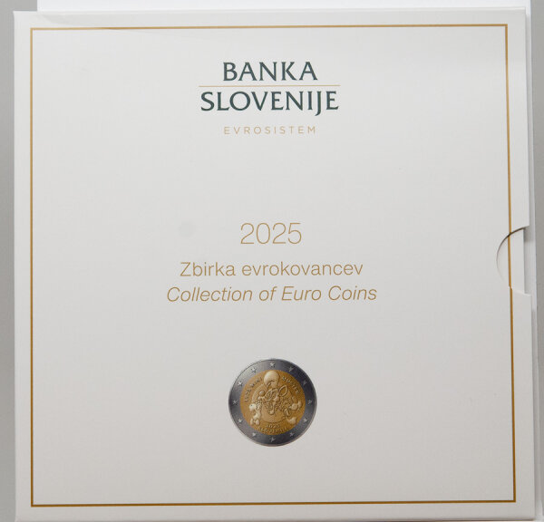 „Slowenien Kursmünzensatz 2025 BU im Folder der Banka Slovenije, 8 Euro-Kursmünzen inkl. 2-Euro-Gedenkmünze 2025, offizieller Euro-Ländersatz des Eurosystems.“