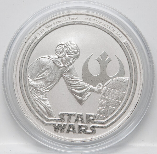 „Niue 2 Dollar 2025 Star Wars Princess Leia 1 oz Silber BU, offizielles Lucasfilm-Motiv mit Leia und Rebellensymbol.“