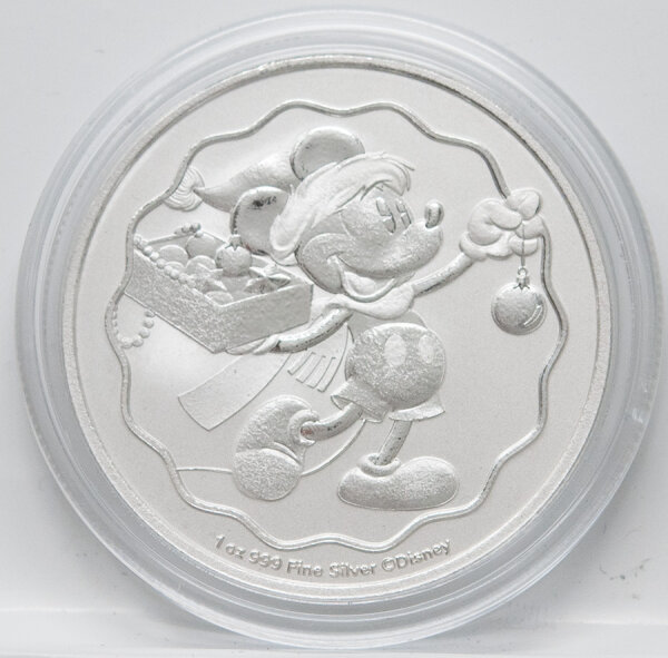 „Niue 2 Dollar 2025 Disney Season’s Greetings 1 oz Silber BU mit Mickey-Mouse-Weihnachtsmotiv.“