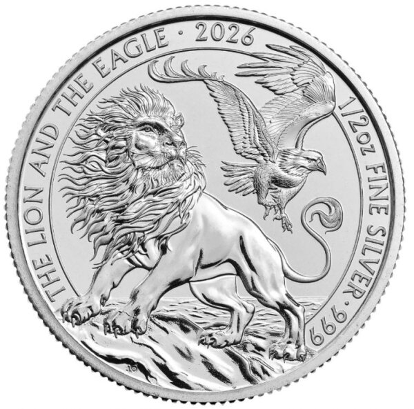 „Großbritannien 1 Pfund 2026 Lion and Eagle 1/2 oz Silbermünze – britischer Löwe und amerikanischer Adler, 999er Silber in Schutzkapsel.“