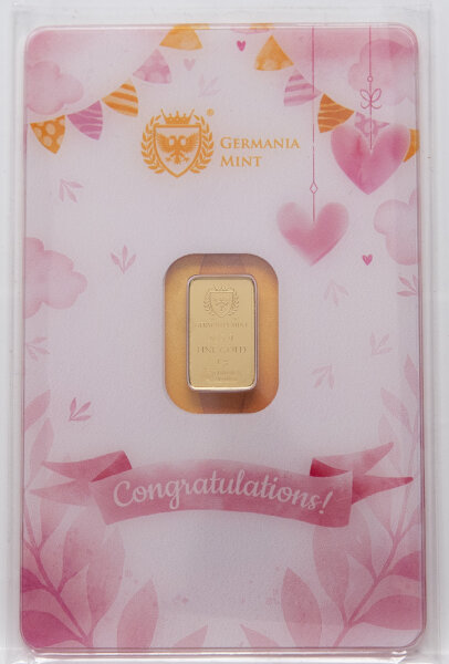 Germania Mint Gold Minted Bar 1 g „New Born – Girl“ aus 999,9 Feingold in thematischem Safepack/Blister, kleines rechteckiges Goldbarren-Format.