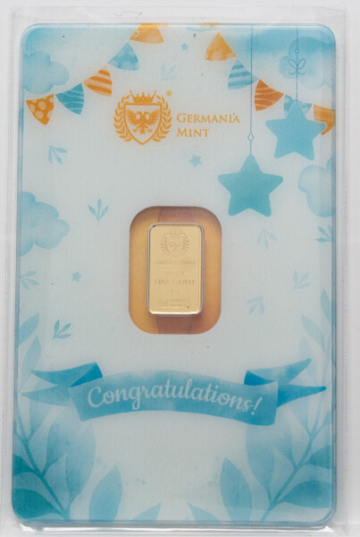 Germania Mint Gold Minted Bar 1 g „New Born – Girl“ aus 999,9 Feingold in thematischem Safepack/Blister, kleines rechteckiges Goldbarren-Format.