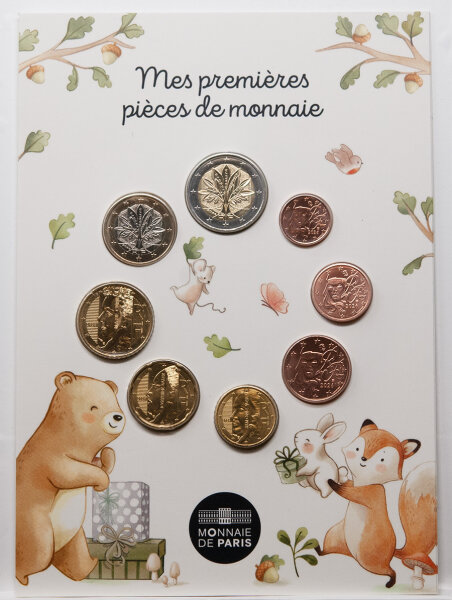 Frankreich Mini Baby-Kursmünzensatz 2026 mit allen Euro-Umlaufmünzen im kindgerechten Baby-Blister, Ausgabe der Monnaie de Paris.