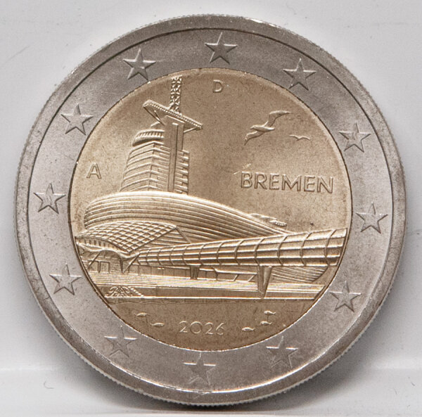 Deutschland 2 Euro 2026 Bremen – Klimahaus Bremerhaven mit Prägezeichen A, bimetallische Gedenkmünze der Bundesländer-II-Serie.