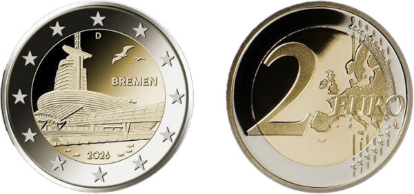 Deutschland 5 x 2 Euro 2026 Satz Bremen – Klimahaus Bremerhaven mit allen fünf Prägezeichen ADFGJ in bankfrischer Erhaltung.