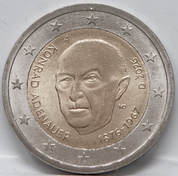 Deutschland 2 Euro 2026 Konrad Adenauer mit Prägezeichen A, bimetallische Gedenkmünze in bankfrischer Erhaltung.