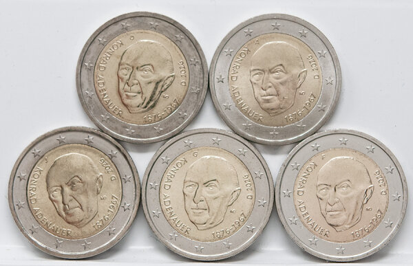 Deutschland 5 x 2 Euro 2026 Konrad Adenauer Satz mit allen fünf Prägezeichen ADFGJ in bankfrischer Erhaltung.