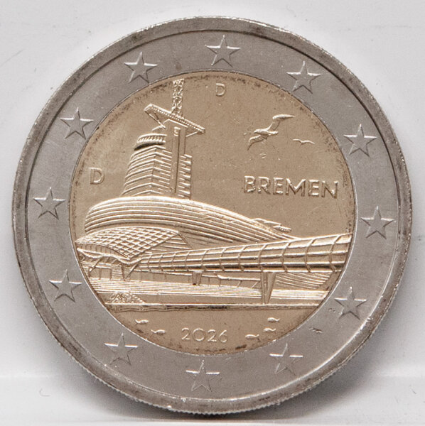 Deutschland 2 Euro 2026 Bremen – Klimahaus Bremerhaven mit Prägezeichen D, bimetallische Gedenkmünze der Bundesländer-II-Serie.