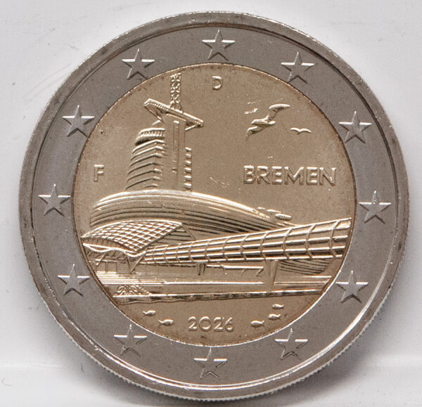 Deutschland 2 Euro 2026 Bremen – Klimahaus Bremerhaven mit Prägezeichen F, bimetallische Gedenkmünze der Bundesländer-II-Serie.