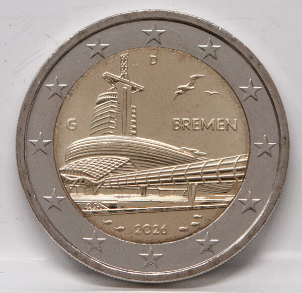 Deutschland 2 Euro 2026 Bremen – Klimahaus Bremerhaven mit Prägezeichen G, bimetallische Gedenkmünze der Bundesländer-II-Serie.