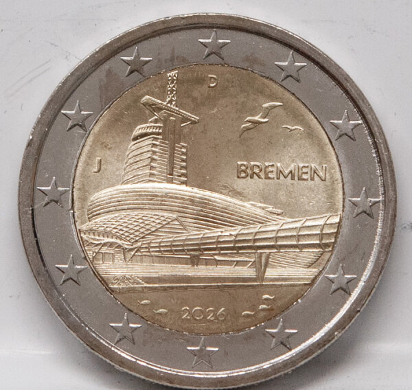 Deutschland 2 Euro 2026 Bremen – Klimahaus Bremerhaven mit Prägezeichen J, bimetallische Gedenkmünze der Bundesländer-II-Serie.