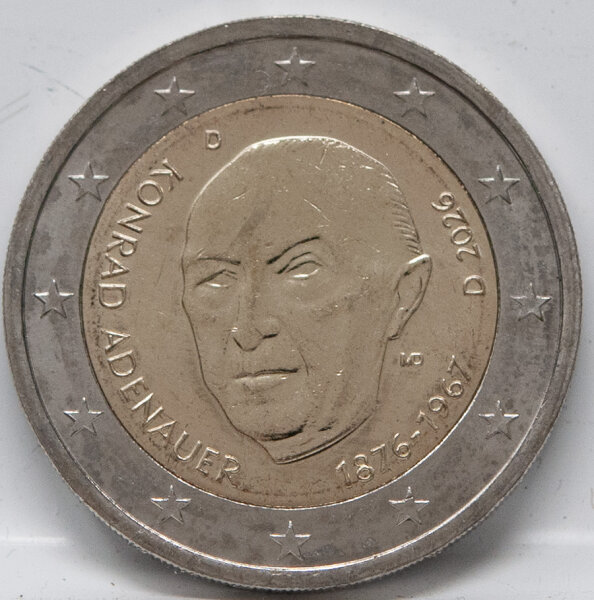 Deutschland 2 Euro 2026 Konrad Adenauer mit Prägezeichen D, bimetallische Gedenkmünze in bankfrischer Erhaltung.