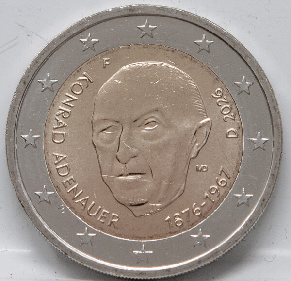 Deutschland 2 Euro 2026 Konrad Adenauer mit Prägezeichen F, bimetallische Gedenkmünze in bankfrischer Erhaltung.