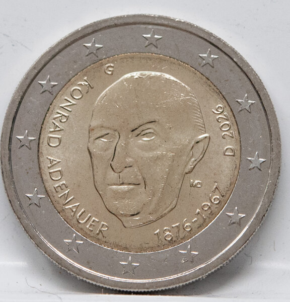 Deutschland 2 Euro 2026 Konrad Adenauer mit Prägezeichen G, bimetallische Gedenkmünze in bankfrischer Erhaltung.