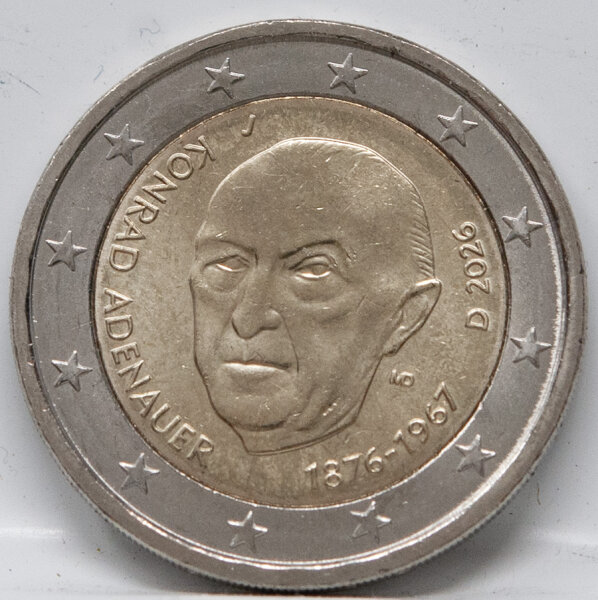 Deutschland 2 Euro 2026 Konrad Adenauer mit Prägezeichen J, bimetallische Gedenkmünze in bankfrischer Erhaltung.
