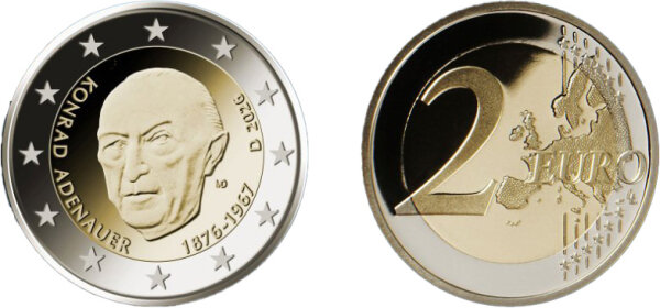 Deutschland 2 Euro 2026 Konrad Adenauer mit Prägezeichen J, bimetallische Gedenkmünze in bankfrischer Erhaltung.