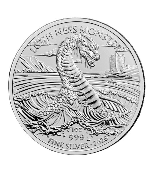 UK 2 Pfund 2026 Legendary Creature Loch Ness Monster – 1 oz Silbermünze der Royal Mint mit legendärem Seeungeheuer-Motiv.