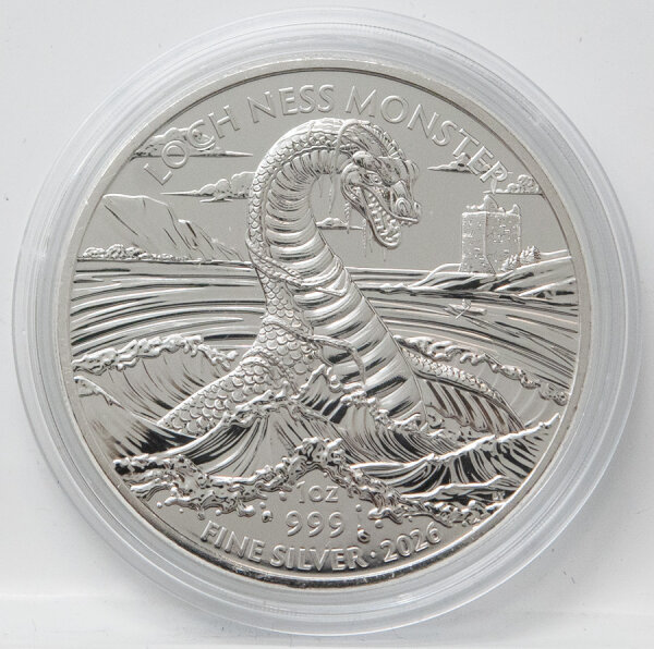 UK 2 Pfund 2026 Legendary Creature Loch Ness Monster – 1 oz Silbermünze der Royal Mint mit legendärem Seeungeheuer-Motiv.
