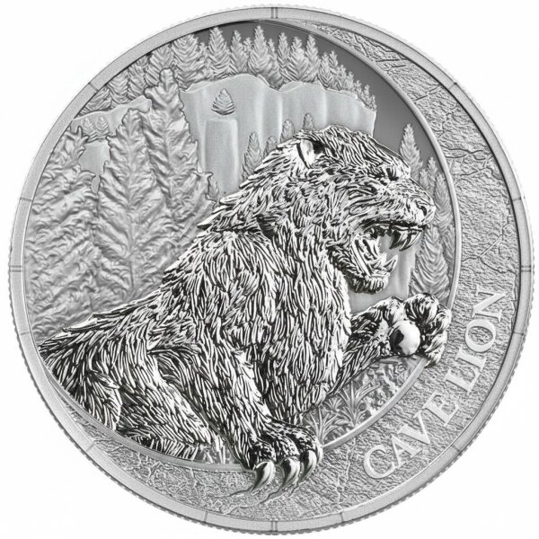 Liberia 20-Dollar-Silbermünze 2026 „Cave Lion“ aus der Megafauna-Serie der Germania Mint, 1 oz Feinsilber.
