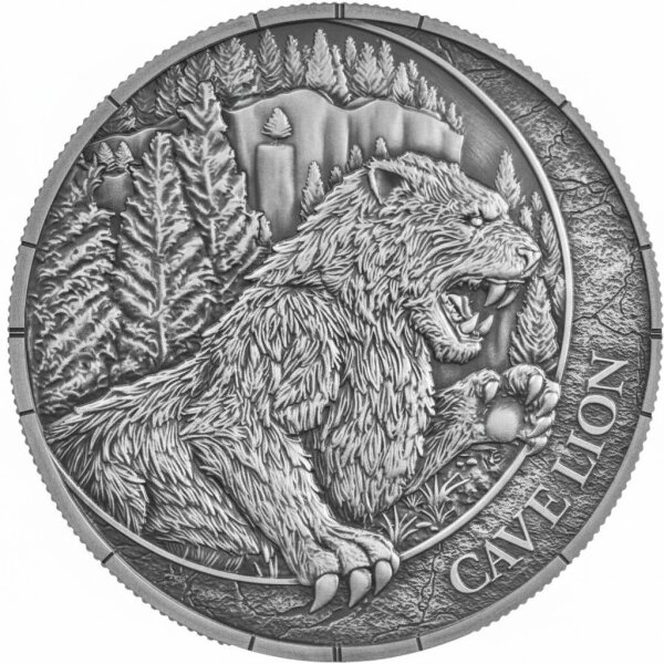 Liberia 20-Dollar-Silbermünze 2026 „Cave Lion Oblivion“ in Antique Finish mit UV-Farbeffekten, 1 oz Feinsilber, Germania Mint.