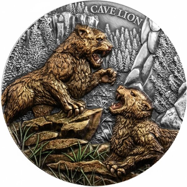 Liberia 25-Dollar-Silbermünze 2026 „Cave Lion“ in 2 oz Feinsilber mit Ultra High Relief, nummerierte Sammlerausgabe der Germania Mint.