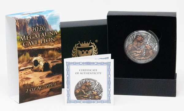 Liberia 25-Dollar-Silbermünze 2026 „Cave Lion“ in 2 oz Feinsilber mit Ultra High Relief, nummerierte Sammlerausgabe der Germania Mint.