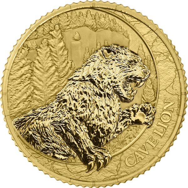 Liberia 100-Dollar-Goldmünze 2026 „Cave Lion“ aus 1/10 oz Feingold 999,9 in Stempelglanz-Qualität, Germania Mint.