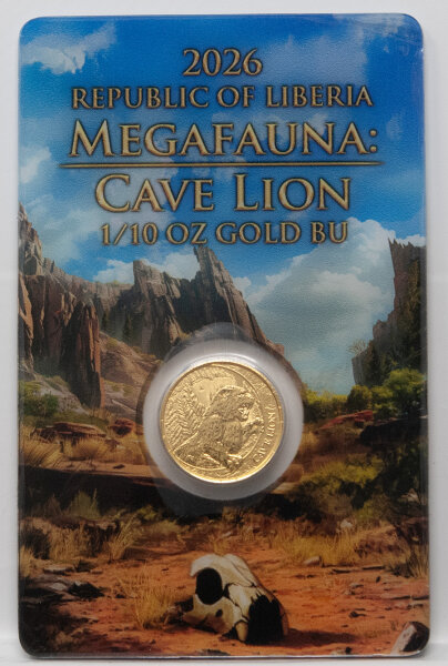 Liberia 100-Dollar-Goldmünze 2026 „Cave Lion“ aus 1/10 oz Feingold 999,9 in Stempelglanz-Qualität, Germania Mint.