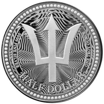 Barbados Half Dollar 2025 „Trident“ 1 oz Silbermünze in Bullion-Qualität, geprägt von der Scottsdale Mint, in Münzkapsel.