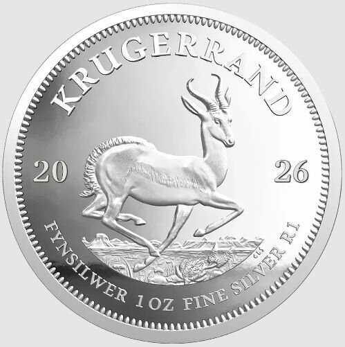 Kompletter Lieferumfang: Der Silber Krügerrand 2026 sicher gebettet im schwarzen Original-Etui der South African Mint, daneben das offizielle Echtheitszertifikat.