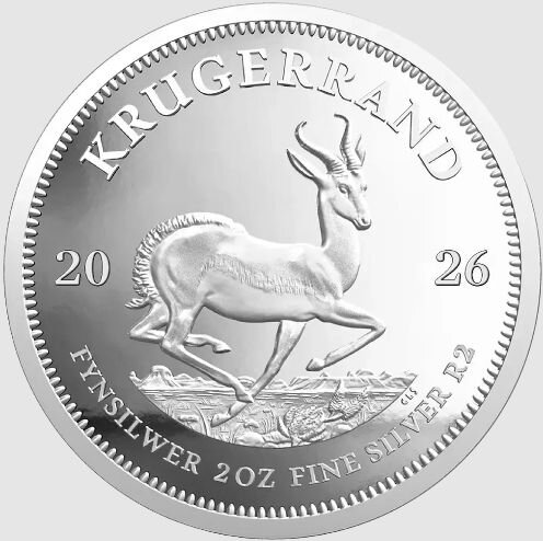 Der 2 oz Silber Krügerrand 2026 im geöffneten Original-Etui der South African Mint, präsentiert zusammen mit dem nummerierten Echtheitszertifikat.