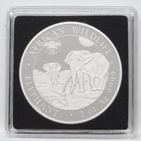 Vorderseite der 1 oz Silbermünze Somalia Elefant 2026. Das Motiv zeigt einen afrikanischen Elefanten sowie das exklusive „Privy Mark Berlin“ im Münzfeld.
