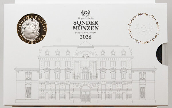 Vorderansicht der Premium-Edition 2026: Der weiße Schuber der Swissmint mit der Aufschrift „Sonder Münzen 2026“. Rechts oben ist das kreisförmige Siegel „Polierte Platte · Proof“ aufgeprägt. Das Design wirkt durch die minimalistische Architekturzeichnung des Münzgebäudes sehr edel.