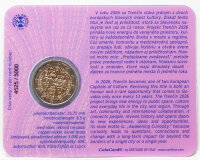 Rückansicht der Coincard mit technischen Daten, Informationen zum Anlass und dem Hinweis auf die limitierte Sammlerauflage der Münzstätte Kremnica.
