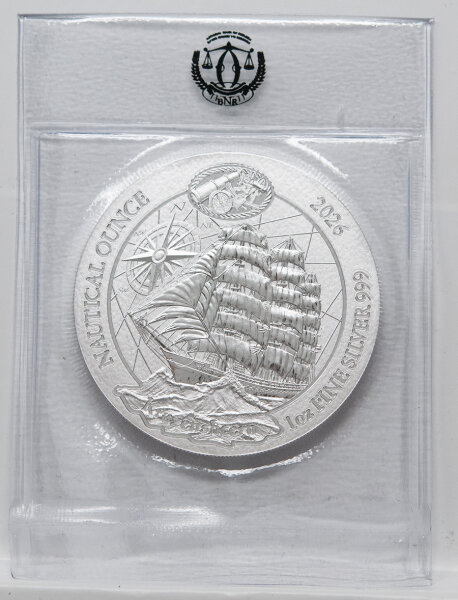 Motivseite der 1 oz Silbermünze Kruzenshtern 2026 mit Windrose und nautischen Instrumenten.