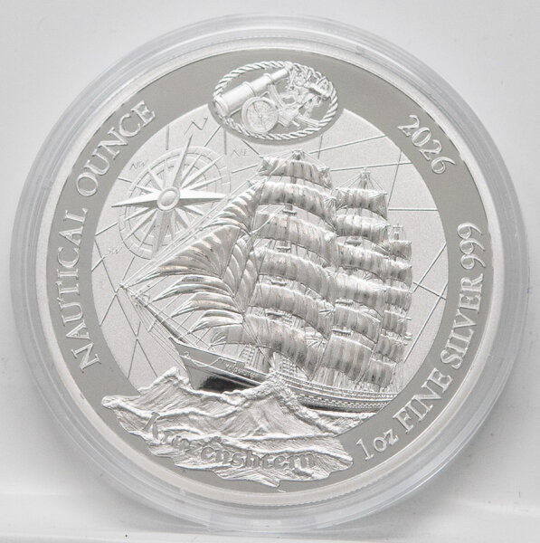 Vorderseite der 1 oz Silbermünze in Proof-Qualität. Der spiegelglatte Hintergrund hebt das matte Kruzenshtern-Motiv perfekt hervor.