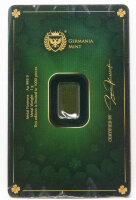 Rückseite des Safepacks mit technischen Angaben wie Reinheit (Au 999.9), Gewicht (1g) und der individuellen Seriennummer sowie dem Echtheitszertifikat des Herstellers.