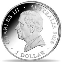 Rückseite der Silbermünze mit dem Porträt von König Charles III. Die Umschrift nennt CHARLES III, AUSTRALIA 2026 und den Nennwert 1 DOLLAR.