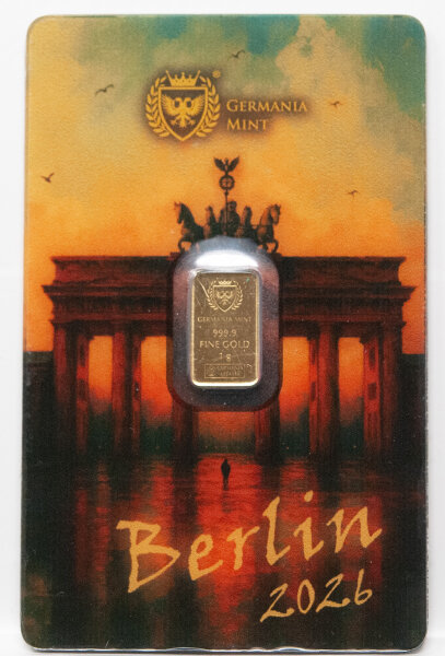 Ansicht des 1g Goldbarrens im farbenfrohen WMF 2026 Safepack. Das Design zeigt Berliner Motive und das offizielle Messe-Branding kombiniert mit dem Germania Mint Logo.