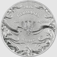 Die Rückseite einer Nornen-Münze mit dem zweiköpfigen Adler der Germania Mint, dem Jahrgang 2026, dem Feingehalt 1 oz Ag 999.9 und dem Nennwert 5 MARK.
