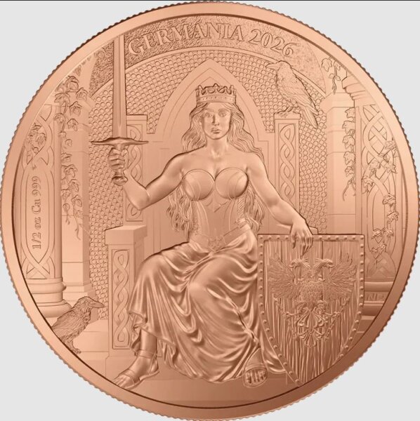 Die detailreiche Motivseite zeigt Lady Germania, die nach jahrelanger Reise ihren Thron in einem magischen Wald bestiegen hat. Sie hält Schwert und Schild, flankiert von den zwei Raben Odins. Inschriften am Rand: GERMANIA 2026 und 1/2 oz 999 Cu.