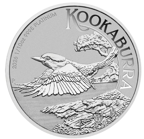 Detailansicht der 1/10 Unze Platin Kookaburra 2026. Das Motiv zeigt den Kookaburra im Flug über einer Flusslandschaft. Das kühle, silberweiße Schimmern des Platins verleiht dem Design eine moderne und edle Ästhetik.