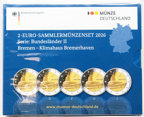 Der offizielle Folder der Münze Deutschland für das Jahr 2026. In den Aussparungen sind alle fünf Münzen (A, D, F, G, J) sicher eingefasst. Das Cover zeigt stimmungsvolle Grafiken zum Thema Bremen und Bremerhaven.
